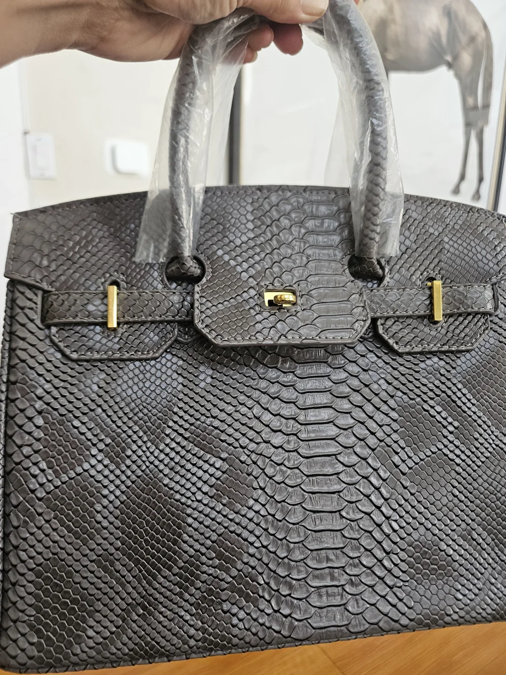 Gray Textured Faux Leather Tote Bag with Gold Hardware + 1 Long Strap INCLUDED
